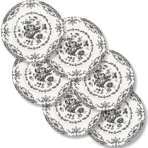 Salad Plates, 8.5 Inch Ceramic Plates Set of 6, Kitchen Plate Microwave Safe, White Porcelain Dessert Plate Porcelain Serving Dishes, Black