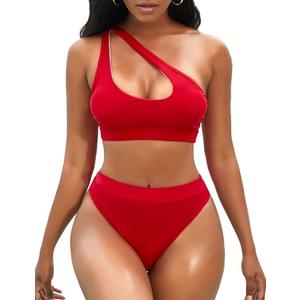 NAFLEAP One Shoulder Cutout Red Bikini Set for Women High Waisted Bottom Swimsuit Two Piece Bathing Suit, S