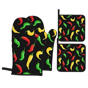 Hot Chili Peppers Oven Mitts and Pot Holders Set of 4, Oven Mittens and Potholders Heat Resistant Gloves for Kitchen Cooking Baking Grilling BBQ