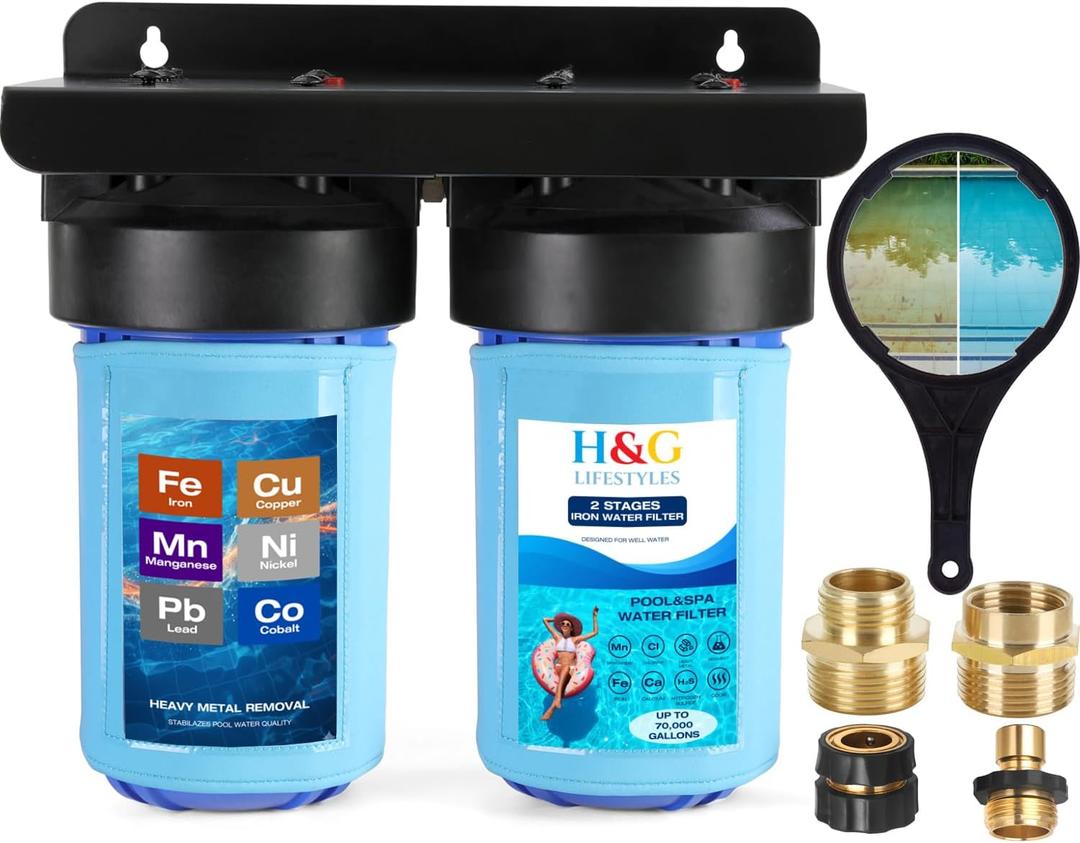 2 x H&G lifestyles Garden Hose Filter for Filling Pool Hot Tub,Iron Filter for Well Water,Reduce Calcium Magnesium,Water Filter and Softener System,Standard 3/4" GHT Brass Adapters, Up to 70,000 Gallons