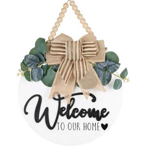Welcome Sign for Front Door Round Wood Sign Hanging for Farmhouse porch Door Decoration (White)