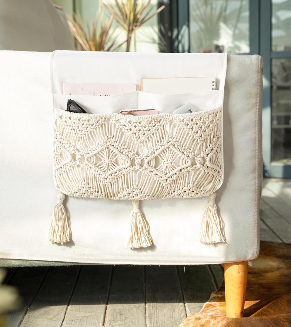 Mkono Macrame Couch Organizer Remote Control Caddy Sofa Armrest Armchair Bedside Storage Holder Bag for TV Remote, Magazine, Books, Cell Phone, iPad, Boho Living Room Home Dorm Decor, Beige, Large