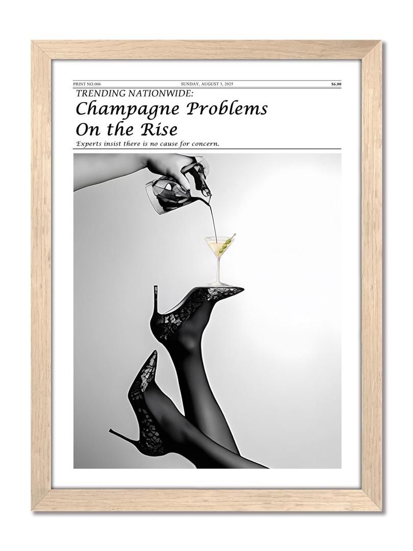 Framed Newspaper Wall Art, Champagne Problems Poster Black and White Vintage Aesthetic Canvas Print Picture, Fashion Glam High Heels Cocktail Glass Wall Decor for Bar Apartment Girls Room 16x24 inch