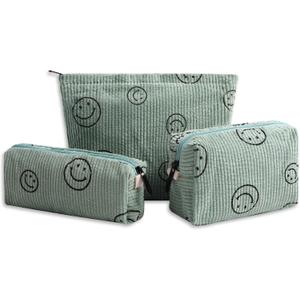 Cosmetic Bags for Women - 3PCs Corduroy Cosmetic Bag Aesthetic Women Handbags Purses Smile Dots Makeup Organizer Storage Makeup Bag Girls Case Bags (3Pcs green)
