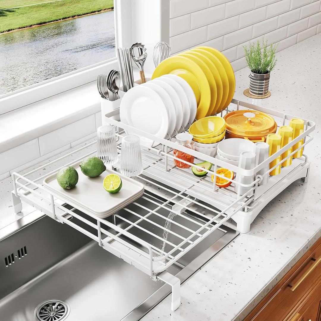 Dish Drying Rack - Extendable Dish Rack, Large Sink Drying Dish Drainer for Kitchen Counter, Stainless Steel Dish Strainer with Utensil Holder (White) Dish Drying Rack - Extendable Dish Rack, Large Sink Drying Dish Drainer for Kitchen Counter, Stainless Steel Dish Strainer with Utensil Holder (White)