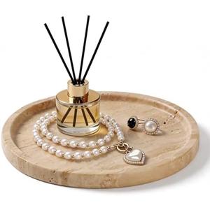 Woduelka Natural Round Marble Tray - 7.8" Travertine Marble Vanity Tray for Dresser, Bathroom, Decorative Jewelry Dish for Perfumes Rings Earrings Necklaces, Stone Tray for Home Décor, Beige