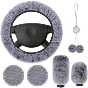 Frienda 6 Pieces Fluffy Car Accessories Set Bling Fluffy Steering Wheel Cover Soft Fuzz Handbrake Gear Shift Cover Bling Mirror Fuzz Car Pad Decoration (Gray)