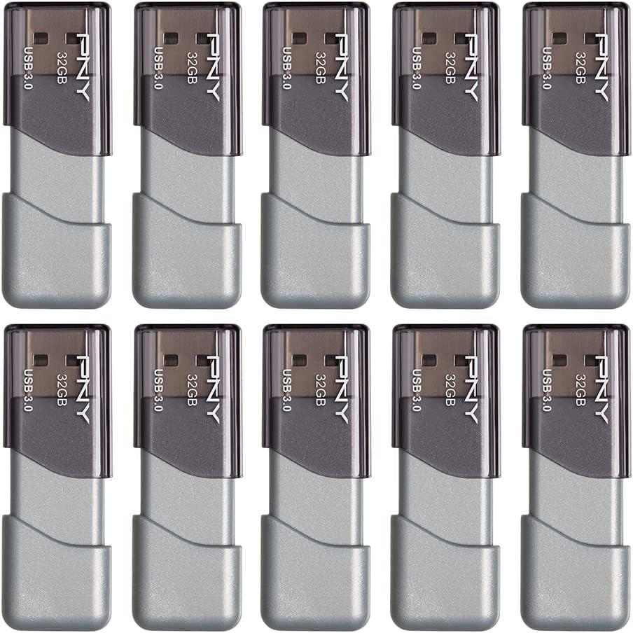 PNY 32GB Turbo Attaché 3 USB 3.0 Flash Drive, Silver (Pack of 10)