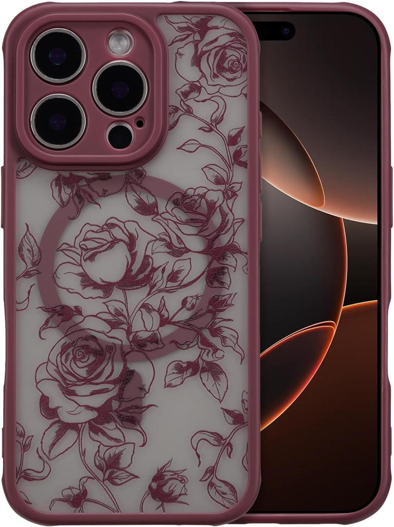 XIZYO Magnetic Case for iPhone 15 Pro Max, Floral Flower Cute Aesthetic Case [Compatible with Magsafe] for Women Girls Rose Pattern Slim TPU Bumper Shockproof Protective Cover, Branch Rose/Wine Red