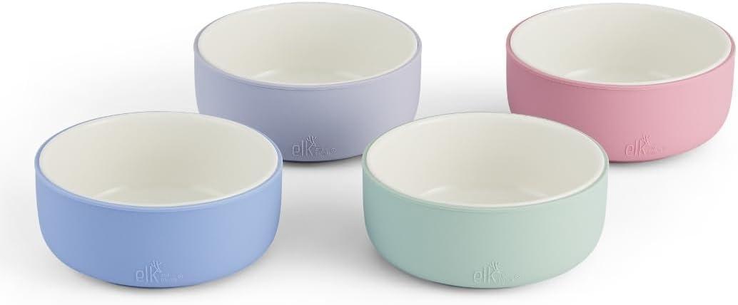 Elk and Friends Kids Porcelain Bowls with Silicone Sleeve | Kids/Toddler/Baby Feeding | Microwave & Dishwasher Safe | Non slip | Cereal/Soup/Snack Dishes & Dinnerware (Blush/Sage/Misty Blue/Lilac)