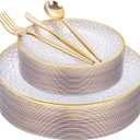 Rubtlamp 150Pcs Plastic Plates, Heavy Duty Clear Plates With Gold Rim, Hammered Gold Dinnerware Set Include 30 Dinner Plate, 30 Dessert Plate, 90 Plastic Silverware