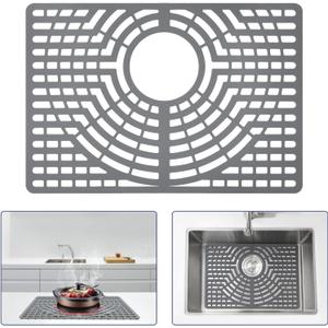 Silicone Sink Protector 19"x13" Rear Drain Hole, Heat Resistant Non-slip Dishwasher Suitable, Sink Mat for Bottom of Farmhouse Kitchen Stainless Steel Sinks(Grey)