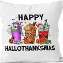 Halloween Thanksgiving Christmas Pillow Covers 18x18, Christmas Coffee Bar Decor, Spooky Skull Pumpkin Coffee Holiday Xmas Decorative Throw Pillow Covers for Bedroom Living Room Home