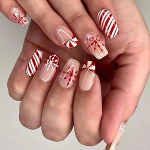 Christmas Press on Nails Medium Square Fake Nails with Snowflower Stripe Design Stick on Nails French Tip False Nails Full Cover Acrylic Glue On Nail for Women Nail Art Decoration 24Pcs