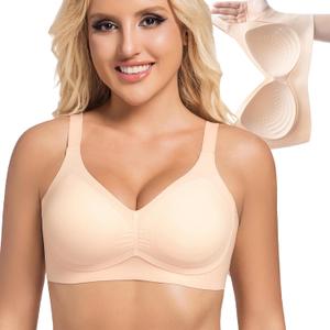 PRETTYWELL Wireless Bras for Women Molded Cup Comfort Seamless Push up No Underwire V-Neck Everyday Bra A to D Cup (XXL)