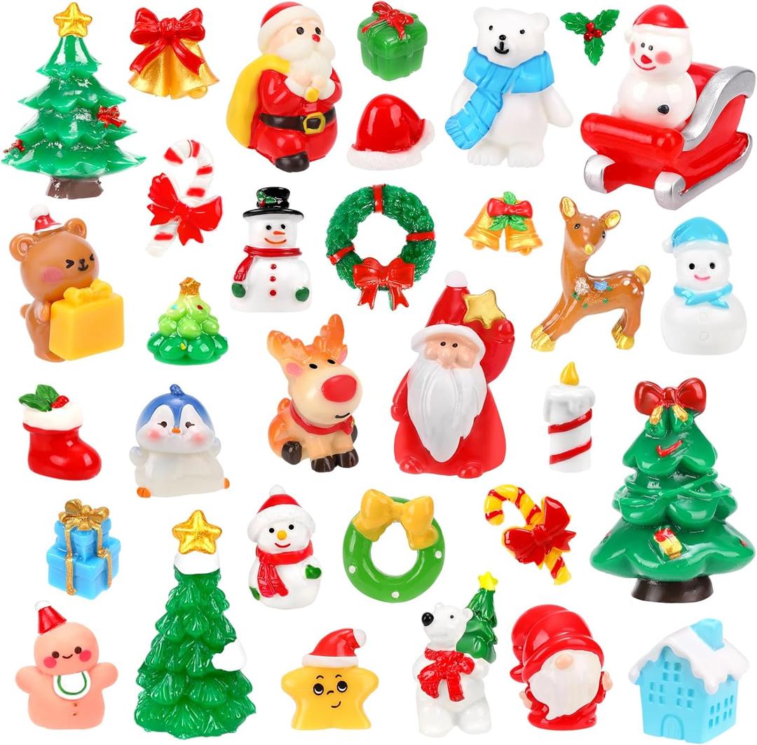 50Pcs Christmas Miniature Figurines 50 Style Christmas Mini Resin Crafts to Hide Tiny Small Santa Snowman Xmas Tree Reindeer Figurines for Xmas Stocking Goodie Bag Fillers Winter Party Dollhouse Decor