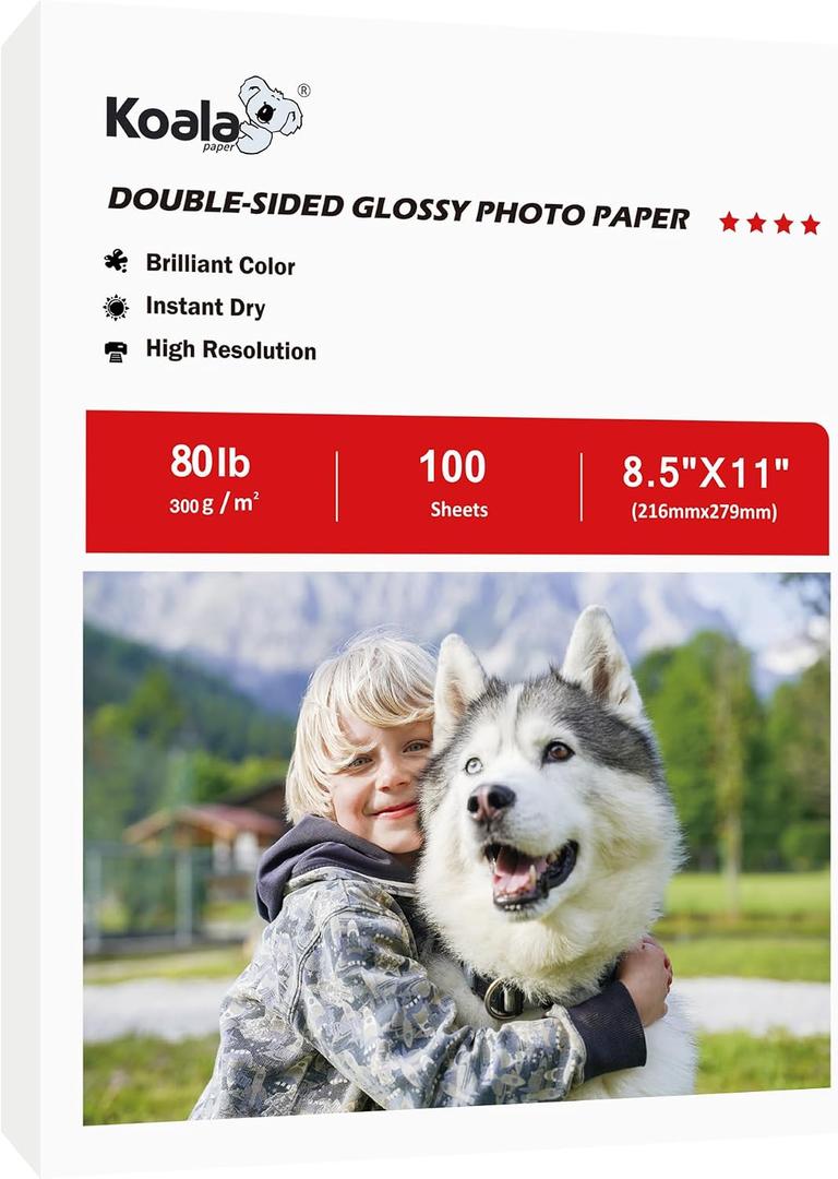 Koala Thick Photo Paper Double-sided Glossy Heavyweight Paper 8.5X11 Inches 80LB 100 Sheets 300GSM Cardstock Compatible with Inkjet Printer