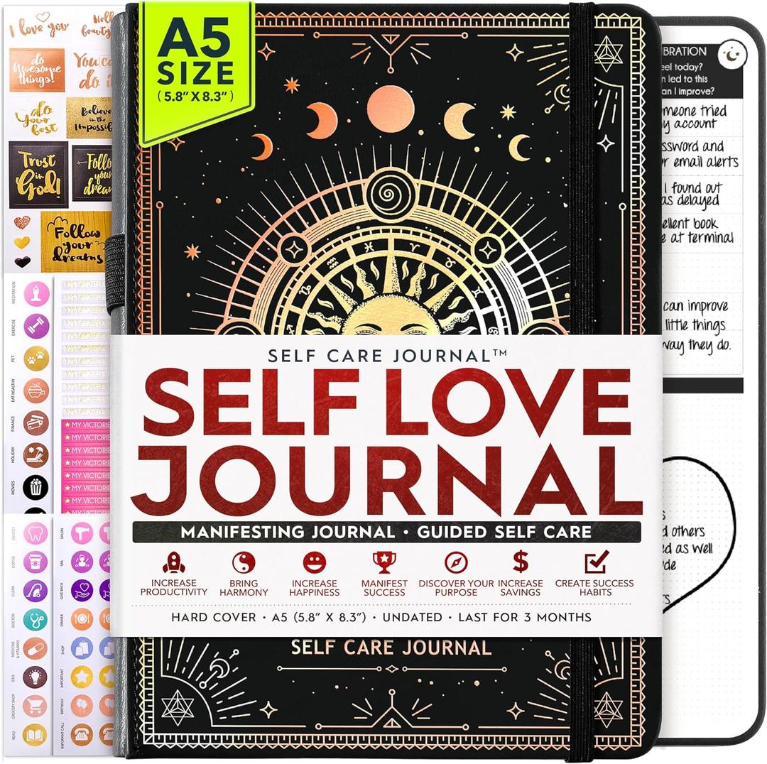 Self Love Journal - 5 Minute Self Care & Mental Health Journal | 90-Day Undated Daily Planner for Positivity, Affirmations & Gratitude | Guided Mindfulness, Reflection | Folded Vision Board + Stickers (BLK-SUNSHINE)