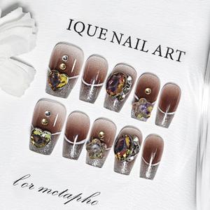 2 x JODSONE Press on Nails Gold Square Cat Eye Handmade 3D Fake Nail Tips Reuseable Fashionable Design Long Lasting Fit Easy to Create Exquisite Fingertips- Medium
