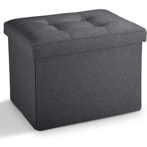 LINMAGCO Small Storage Ottoman Stool Foot Rest Stool Under Desk Stool Short Folding Ottoman Linen Cloth Dark Gray 17X13X13IN