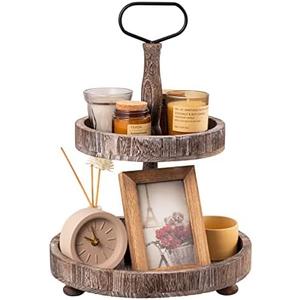 Farmhouse Two Tiered Wooden Tray Stand, UBTKEY 2 Tier Wood Round Decorative Tray with Metal Handle for Rustic Home Decor Seasonal Decorations (Rustic Brown)
