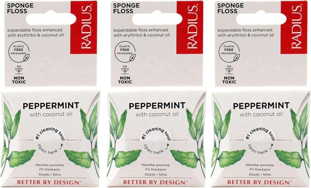 Radius Dental Floss, Sponge Floss, Peppermint, 55 Yards, Vegan & Non-Toxic Oral Care Designed to Help Fight Plaque, Pack of 3