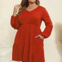 Celkuser Plus Size Casual Dresses for Curvy Womens Long Sleeve V Neck Babydoll Tiered Flowy Dress with Pocket (Red)