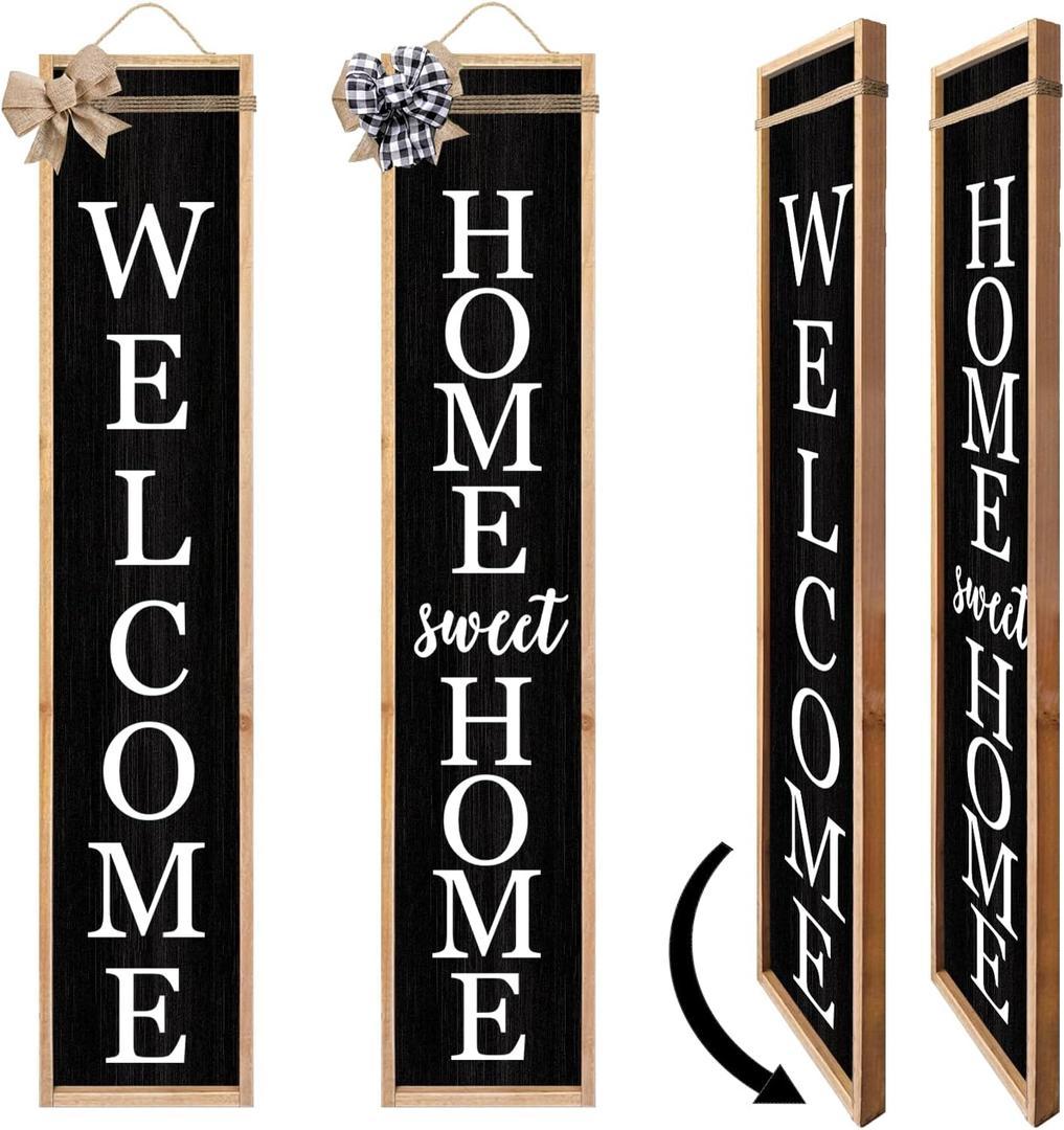 Outdoor 2in1 Welcome Sign for Front Porch Standing 45"X9" Long Vertical Leaner Tall Wood Framed Modren Rustic Farmhouse Large Home Sweet Home Signs Front Door For Outside Decor (Wood Black)