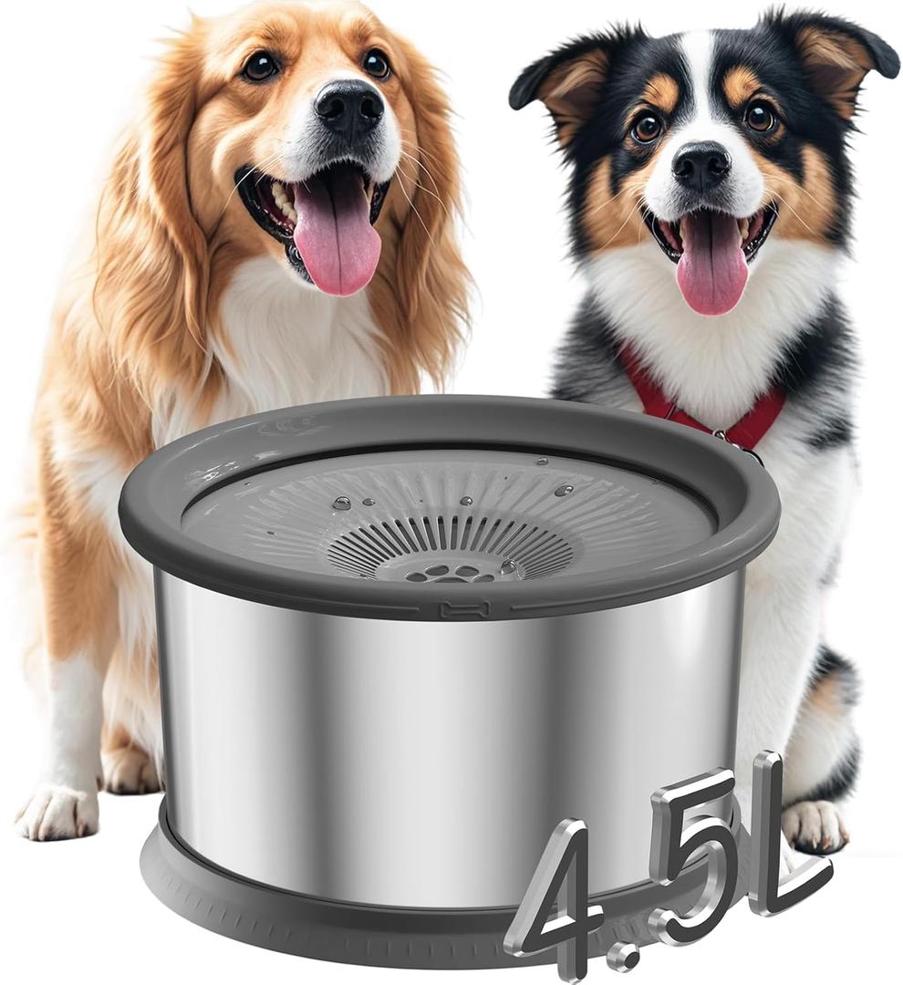 4.5L Dog Water Bowl No Spill 1.2 Gallon Stainless Steel Water Bowl for Dogs 150oz No Mess Slow Water Feeder with Anti-Slip Mat for Messy Drinkers