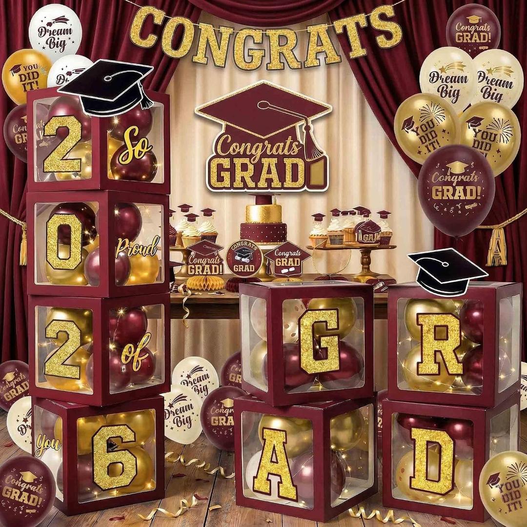 Graduation Decorations Class of 2026 Maroon and Gold Balloon Boxes for High School & College, Congrats Grad Party Table Decorations with 4 String Lights, 2026 GRAD So Proud of You Letters