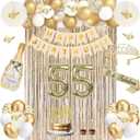 55th Birthday Decorations for Women, Champagne Gold 55th Birthday Gift for Women, 55 Sash and Crown, Banner, Fringe Curtains, Hanging Paper Fans, 55 Year Old Party Supplies Set