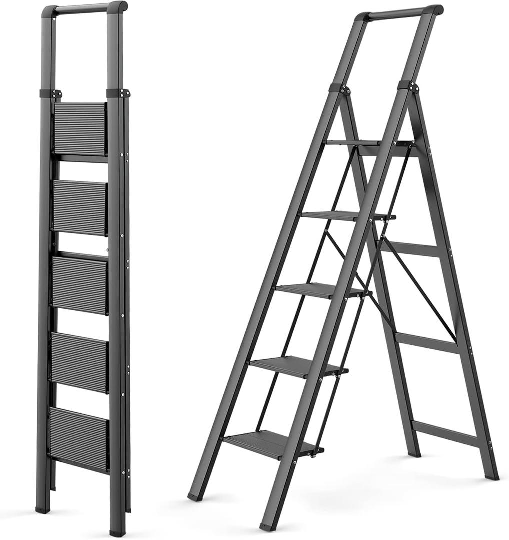 WOA WOA 5 Step Ladder, Ladders for Home, Anti-Slip Pedals, Aluminum Step Stool Foldable, Lightweight to Move, Ease of Storage, Reach 10ft for Closet Kitchen Library, Hold 300lbs - Black