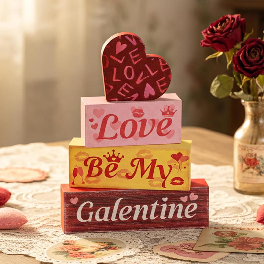 Blulu 4 Pcs Vintage Valentines Galentines Day Decorations Farmhouse Wooden Hearts Table Centerpiece Retro Pink Red Tabletop Signs Block for Ladies Friends Photo Prop Tiered Tray Party Decor