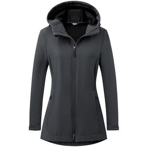 wantdo Women Softshell Jacket Fleece Lined Hooded Rain Coat Waterproof Windproof Windbreaker Jacket Lightweight Long Coat XL