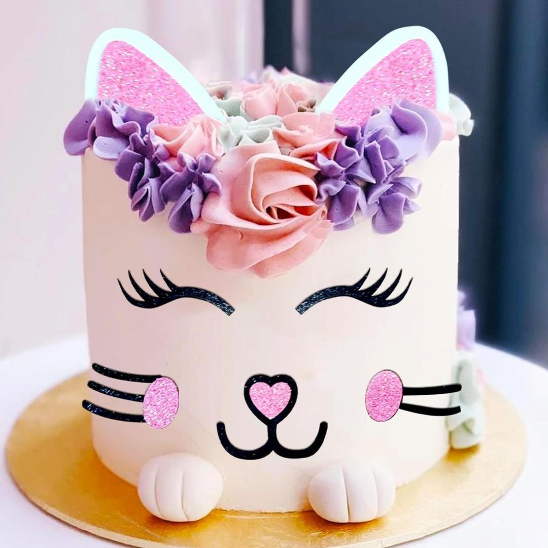 JeVenis Cat Cake Topper Cat Ears Eyelashes Cake Set Cake Decorations for Cat Themed Birthday Party Cute Meow Birthday Party Boy Girl Baby Shower Party Decoration (Pink)