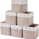 12 x 12 Inch Cube Storage Bins, 6 Pack Large Collapsible Fabric Storage Bin with Ropes, Foldable Storage Cubes for Home, Office,Closet, Clothes, Toys Organizer (White & Beige)