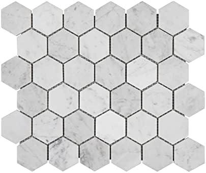 Adolif Carrara White Marble Mosaic Tile, Polished, Carrara White Marble Mosaic for Kitchen Bathroom Wall Floor Backsplash Shower, 5 Sheets, 2 Inch Hexagon