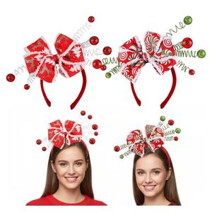 2 Pack Christmas Headbands for Women Christmas Candy Bow Headbands with Red Green Ball Cane Peppermint Elk Xmas Tree Headwear Hair Costume Accessories for Women Holiday Xmas Party Gift