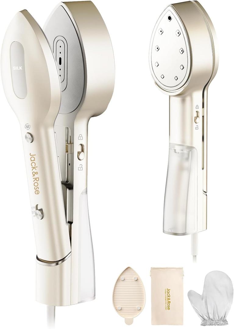 Jack  Rose Press Iron Steamer for Clothes,Dual Voltage 110-220v,6+1 Fabric Settings,No Ironing Board Required, Wrinkle Reduction,Portable Travel Size Steamer for Global  Europe Traveling