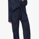 PRETTYGARDEN Women's 2 Piece Sets 2026 Fall Casual Textured Button Down Shirt Wide Leg Pants Outfits Loungewear Tracksuit, Dark Blue, Large