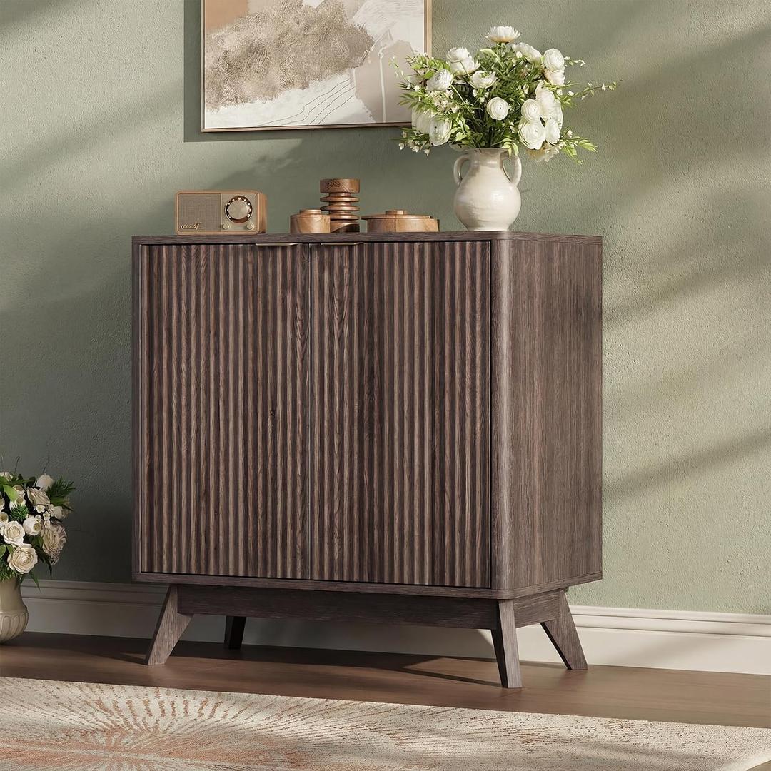 29'' Sideboard Buffet Cabinet with Storage, Fluted Cabinet with Rounded Corners, Modern Buffet Table Accent with 2 Doors for Coffee Bar, Console Table,Walnut, 28.75" W x 13" D x 29.53" H