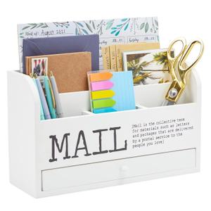 Juvale 3 Tier Wooden Mail Desktop Organizer & Sorter with Storage Drawer - for Office and Home Keep Mail, Letters, Files, Supplies Neat Organized White 11 Inches.