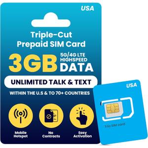 H2O Wireless 30-Day USA Physical Prepaid SIM Card with 3GB High-Speed 4G LTE/5G Data & 2GB Mobile Hotspot, Unlimited Data, Talk & Text to 70+ Countries, Triple-Cut US SIM Card for Cell Phones