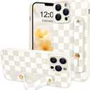 NITITOP Compatible with iPhone 13 Pro Case with Wrist Strap Kickstand Cute Trendy Checkerboard Plaid for Women Girls Slim Fit TPU Silicone Shockproof Full Camera Protective Cover - White