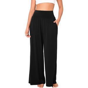 BAMBOO COOL Womens Wide Leg Yoga Pajama Pants Palazzo Casual Loose High Waisted Flowy Bottoms with Pockets Lounge Sweatpants (Black, XXL)