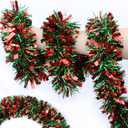 50FT Red Green Christmas Tinsel Garland Metallic Twist Shiny Garland for Xmas Tree Decorations, Xmas Holiday Hanging Decor for Home Mantle Stair Indoor Outdoor Christmas Party Supplies Decor