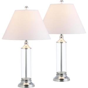 JONATHAN Y 29" Clear/Chrome Glass LED Table Lamp Set of 2, Modern Bedside Nightstand Lamps for Living Room Bedroom Office, White Linen Shade, Transitional Decor JYL4014A-SET2