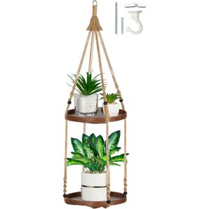 2 Tier Macrame Plant Hanger | Plant Hanger Indoor, Hanging Planter | Hanging Planter Shelf (Jute) (Large, 12" Shelf) (Brown)