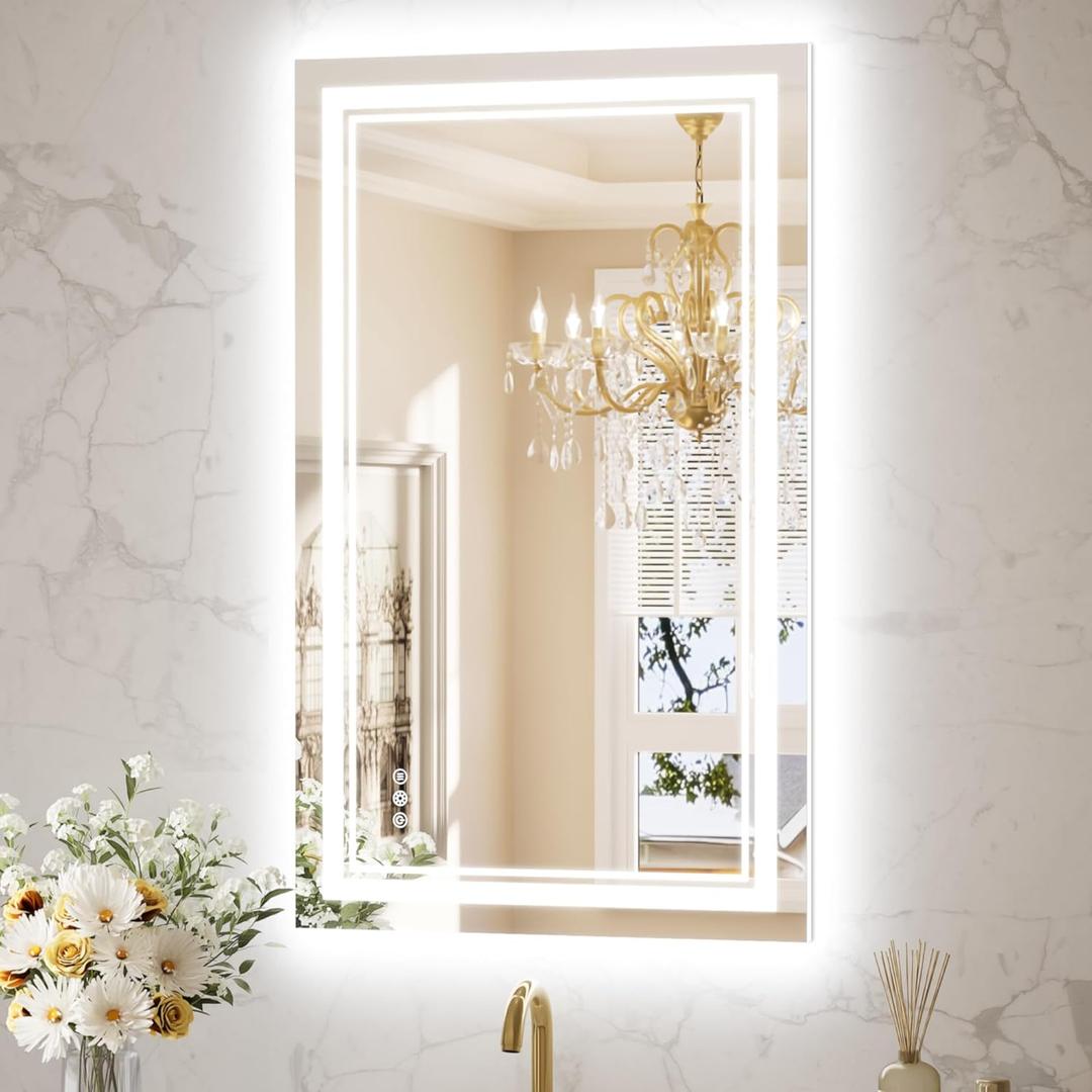 Keonjinn LED Bathroom Mirror 40 x 24 with Frontlit and Backlit, Stepless 3 Colors Temperature & Dimmable Vanity Mirror, UL Listed LED Driver, Double Light Strips, Tempered Glass Mirror with Lights