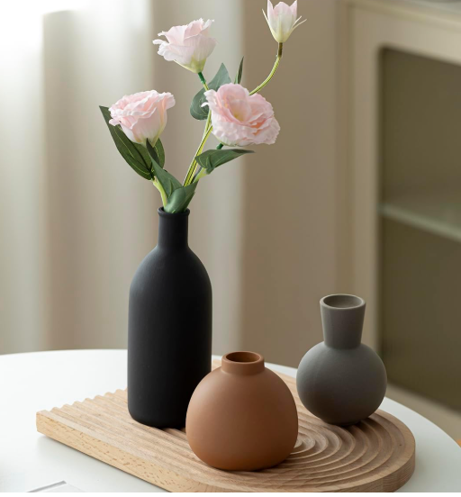 Modern Ceramic Vase Set of 3, Decorative Flower Vases for Home, Multicolor Pottery Vases for Living Room, Kitchen, Bedroom, Shelf, Rustic Farmhouse (Black/Brown/Gray)